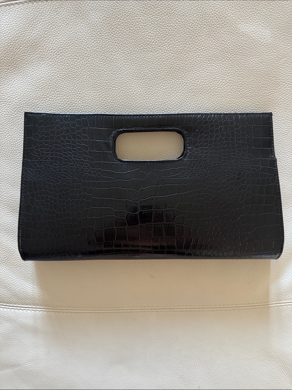 Black Croc-Embossed Faux Leather Handheld Clutch